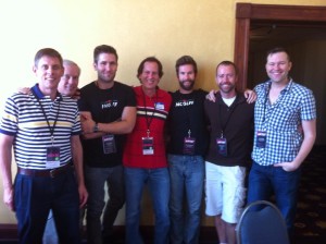 Blog author Stan Kimer is in the red shirt with movie producers, actors and other patrons at the NC Gay and Lesbian Film Festival